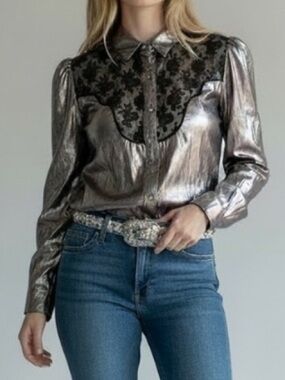 vintage metallic western Glam silver Lume embroidered cowgirl button up shirt